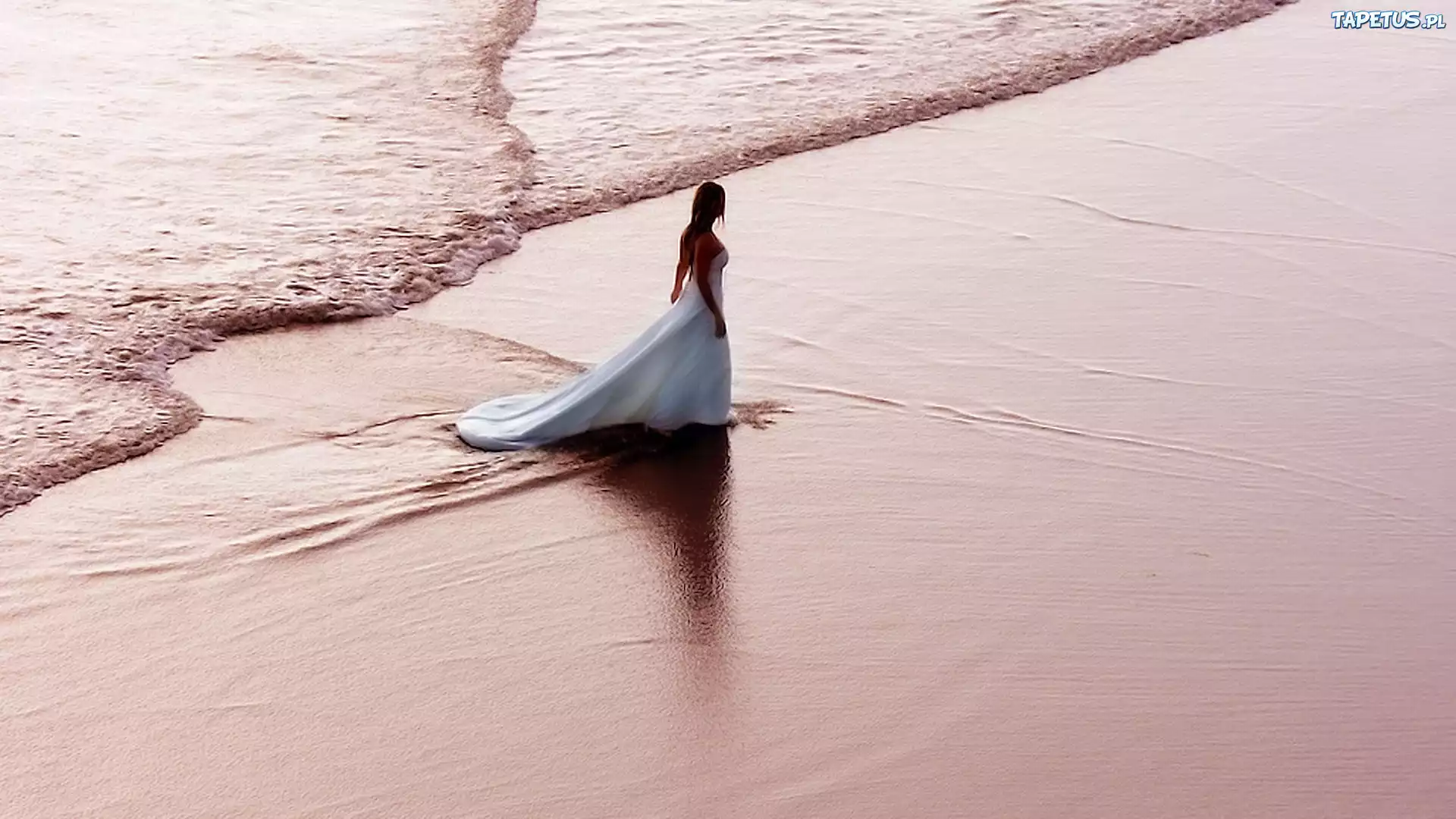 Kobieta, Plaża,, Biała, Suknia