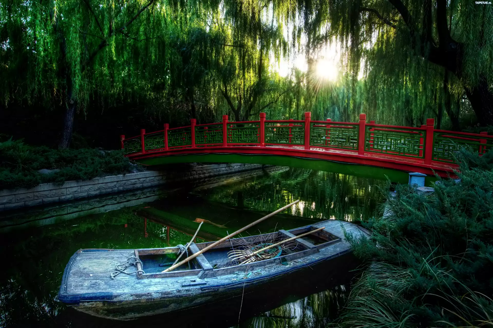 Czerwony, Mostek, Rzeka, Łódka, Beijing, Chiny