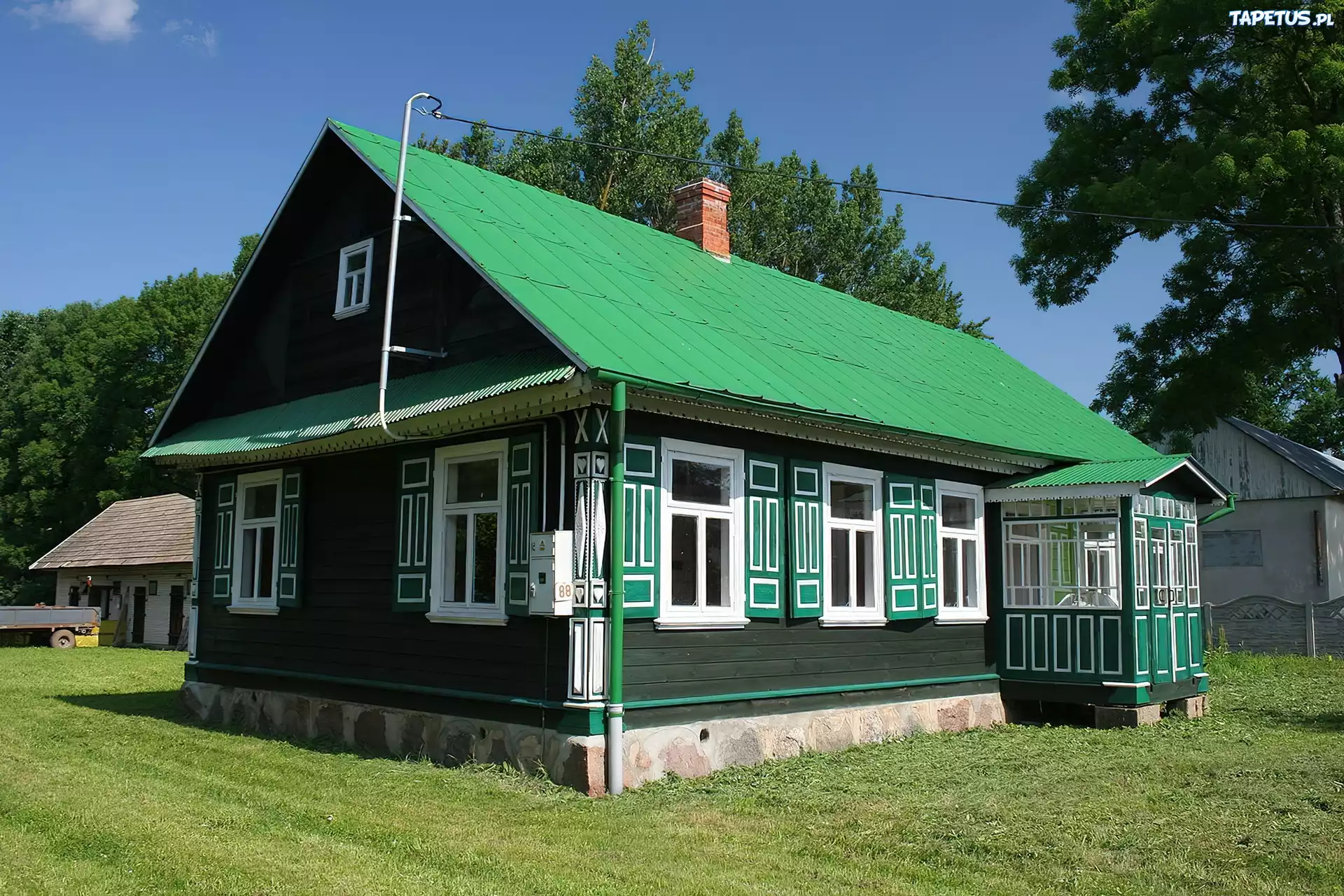 Zielona, Drewniana, Chata, Okiennice