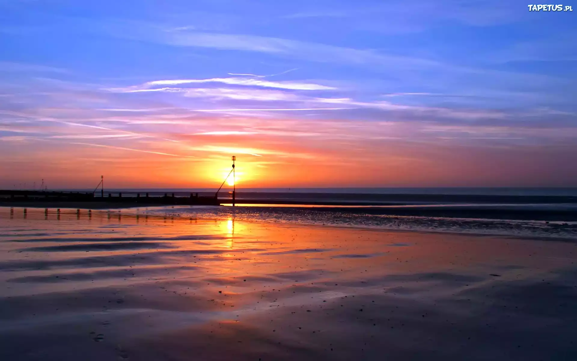 Morze, Plaża, Zachód, Słońca