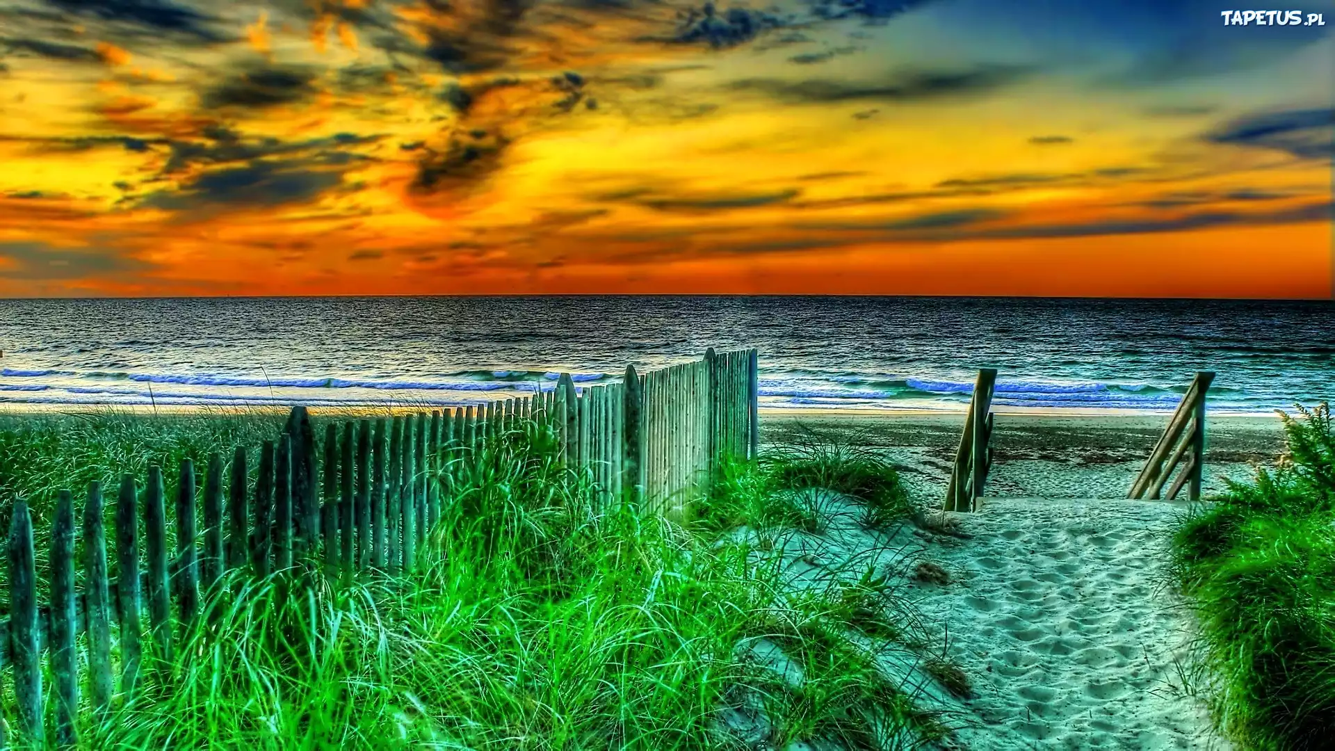 Morze, Plaża, Zachód, Słońca, Płotek