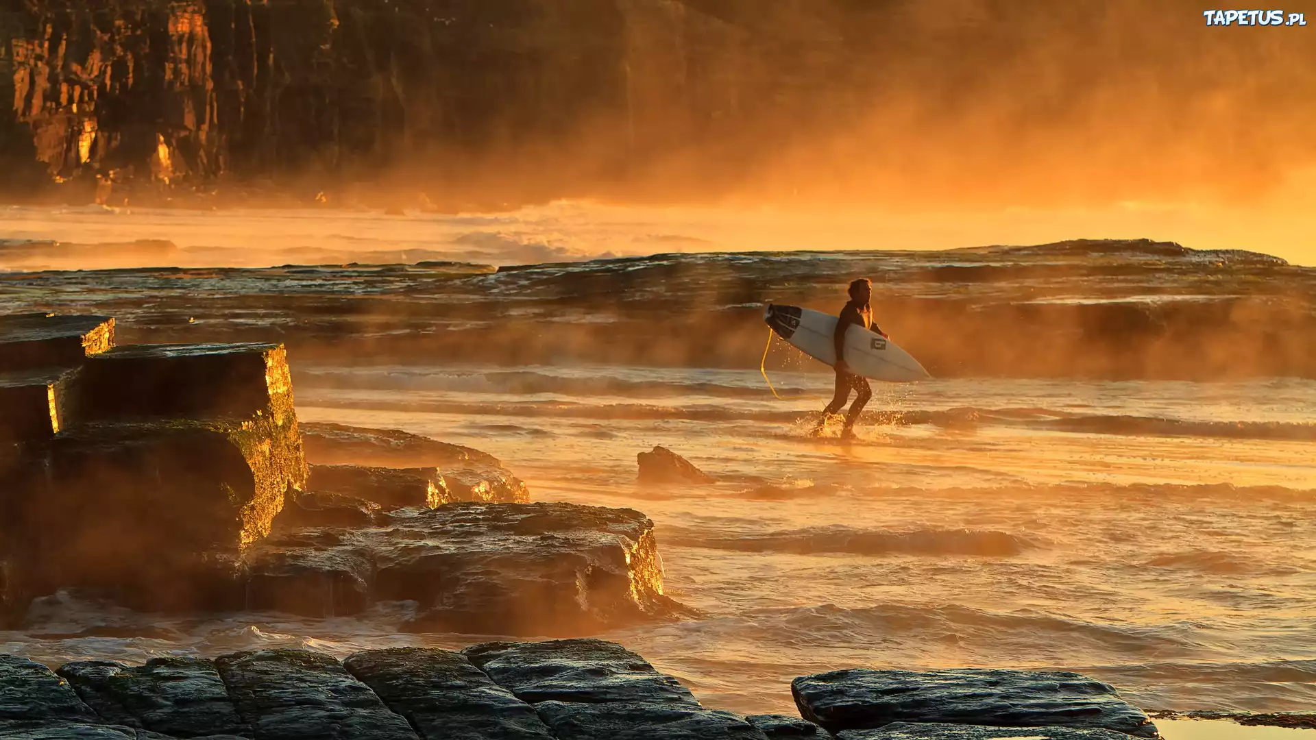 Morze, Skały, Zachód, Słońca, Surfing