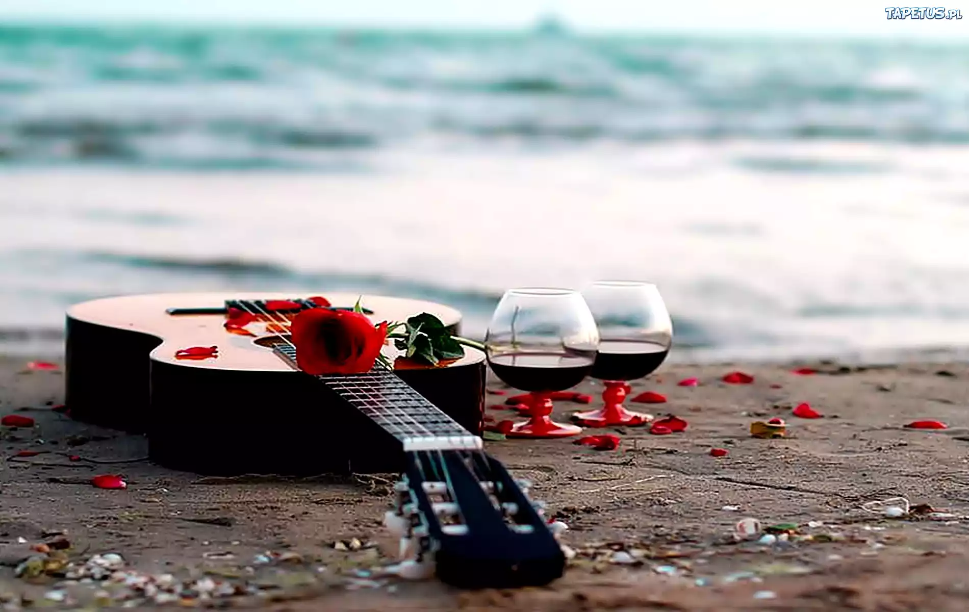 Gitara, Kwiat, Kieliszki, Wino