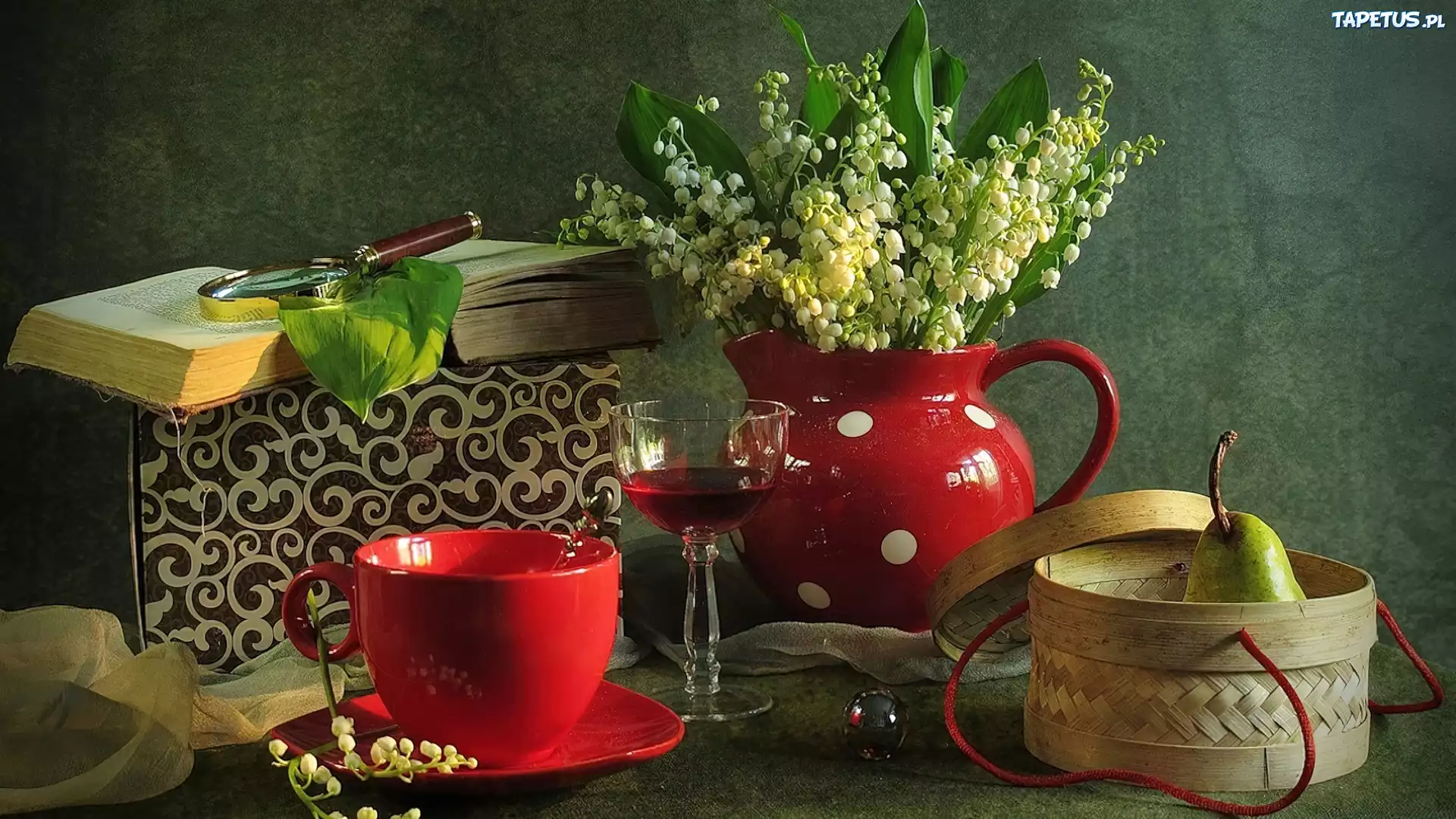 Książka, Czerwona, Porcelana, Koszyk, Konwalie