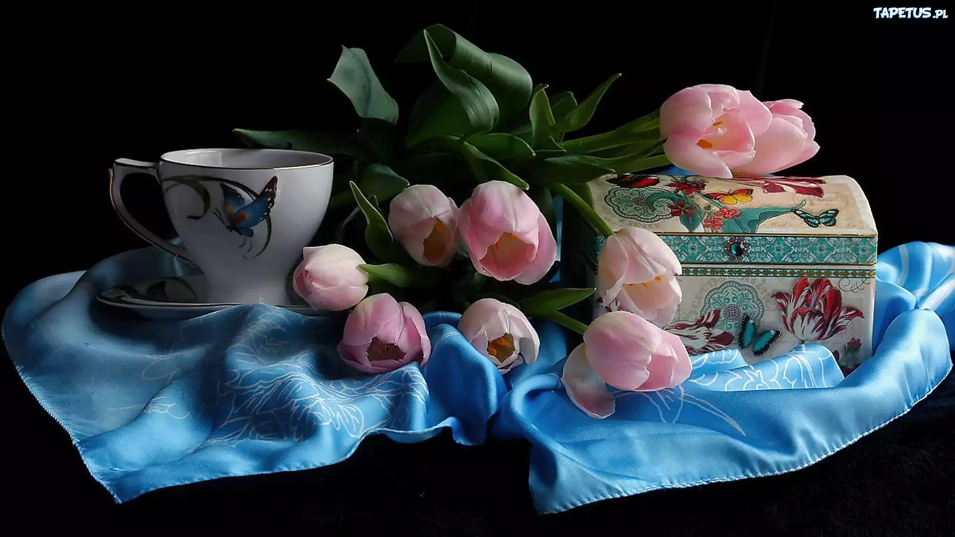 Różowe, Tulipany, Pudełko, Filiżanka, Tkanina