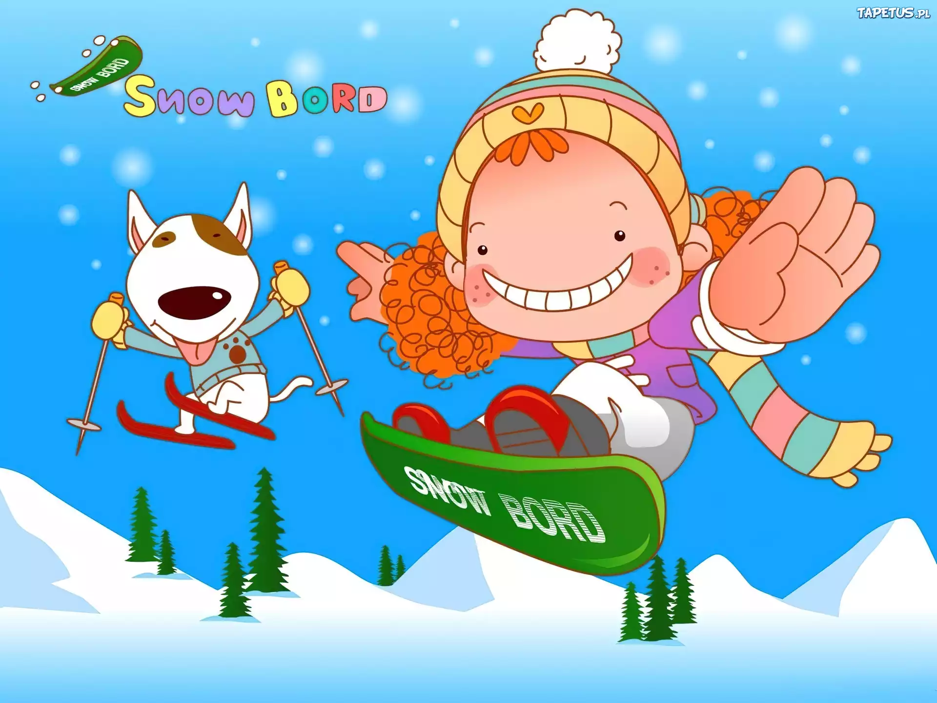 Zima, Śnieg, Dziecko, Pies, Snowboard