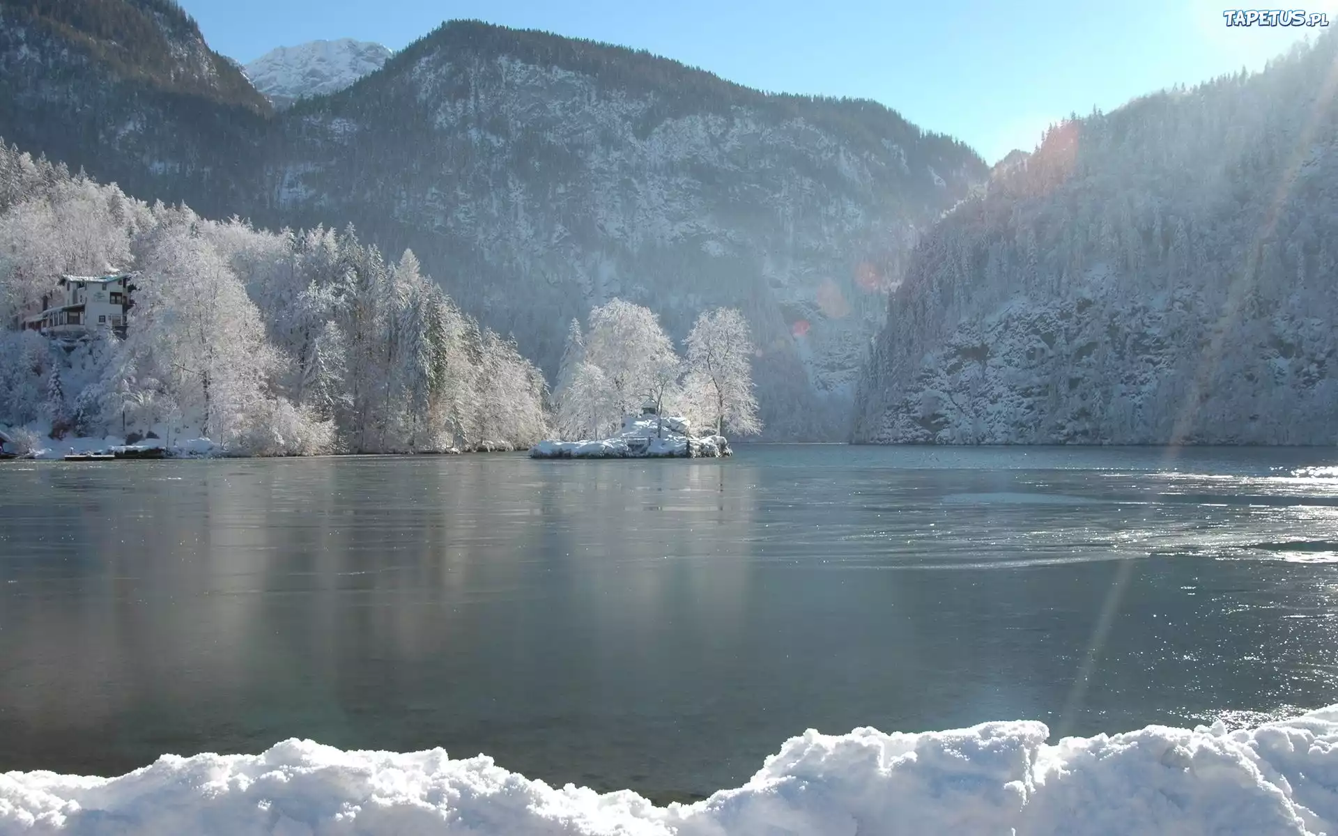 Góry, Jezioro, Drzewa, Zima