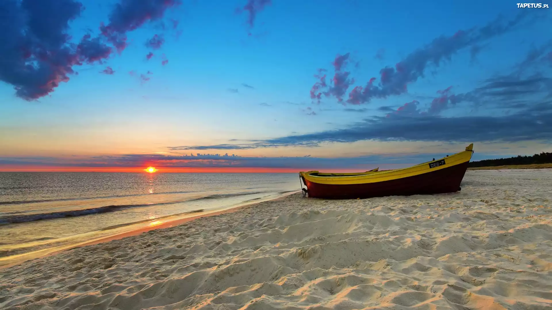 Plaża, Morze, Zachód, Słońca, Łajba