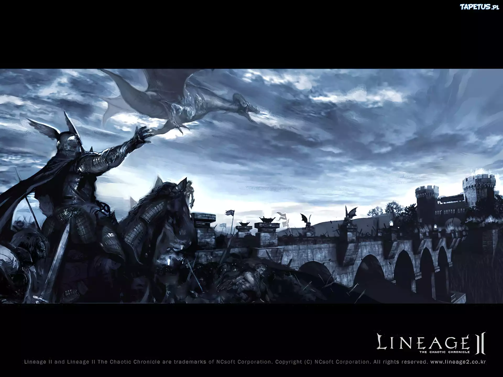 Lineage 2, smok, jeźdźca, koń, most, zamek
