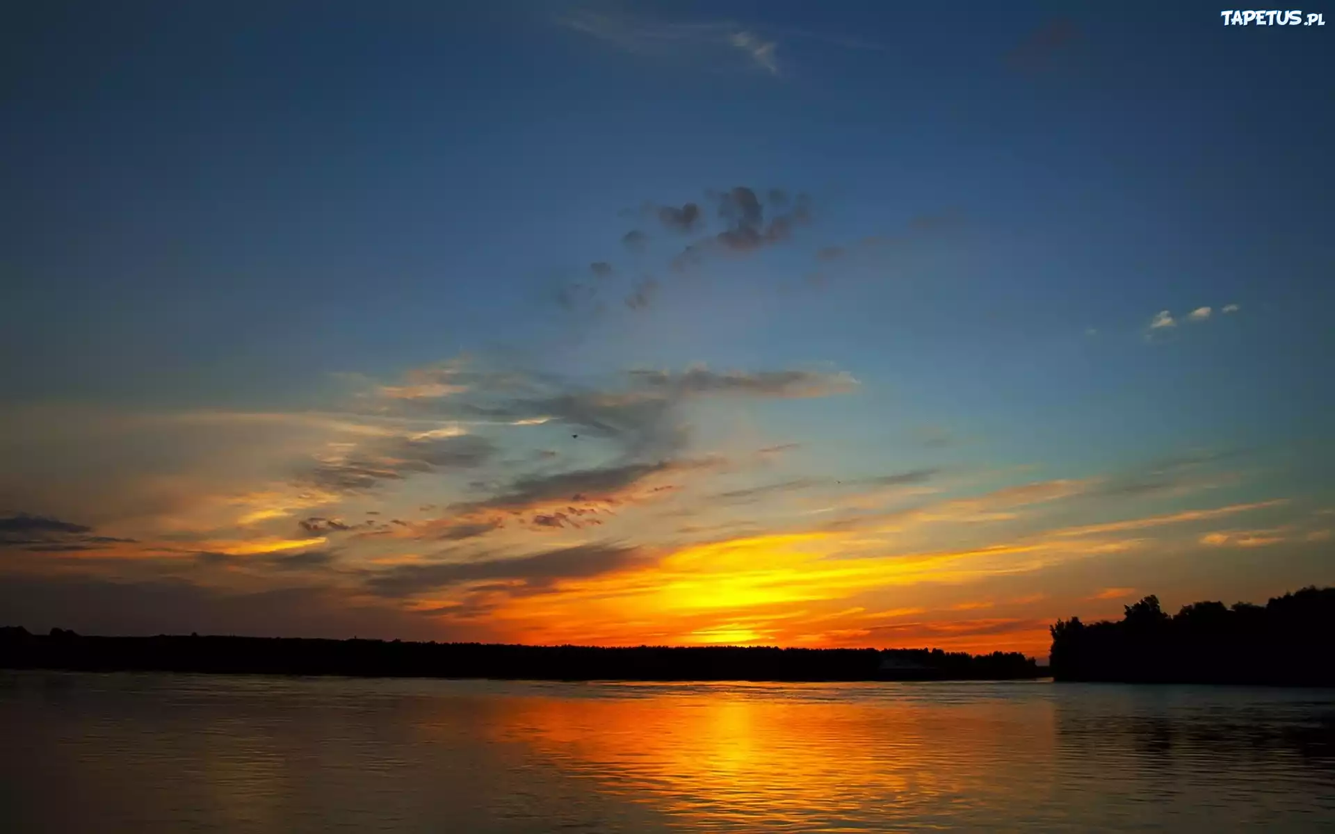 Piękny, Zachód, Słońca, Jezioro