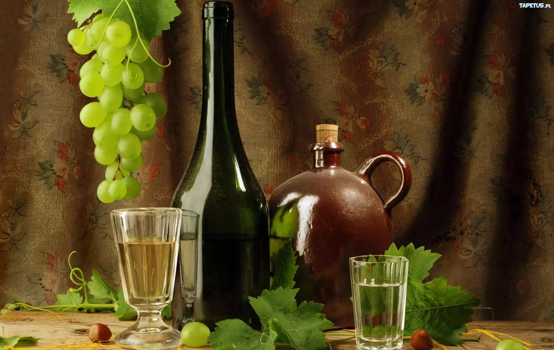 Winogrona, Butelki, Wino, Kieliszek