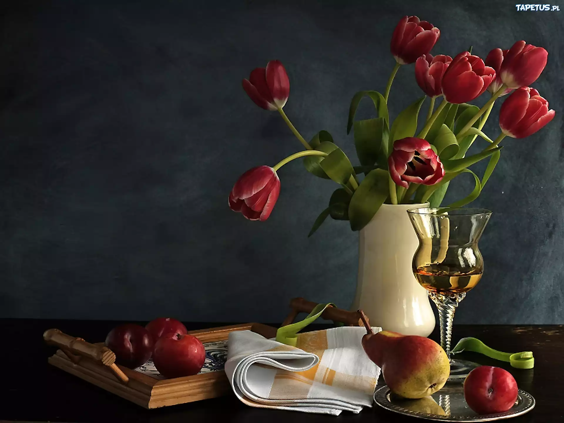 Wazon, Tulipany, Owoce, Wino
