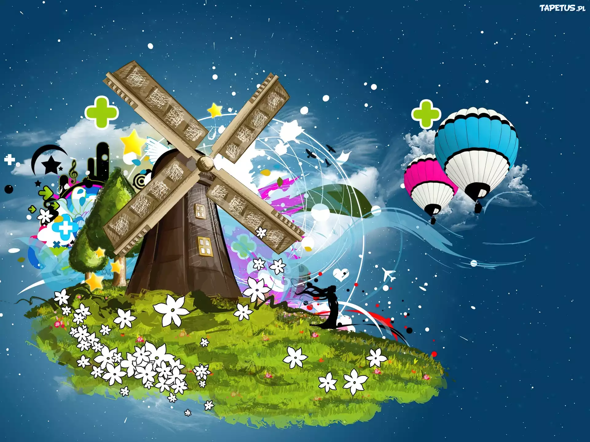 Młyn, Balony, Niebo, Fantasy