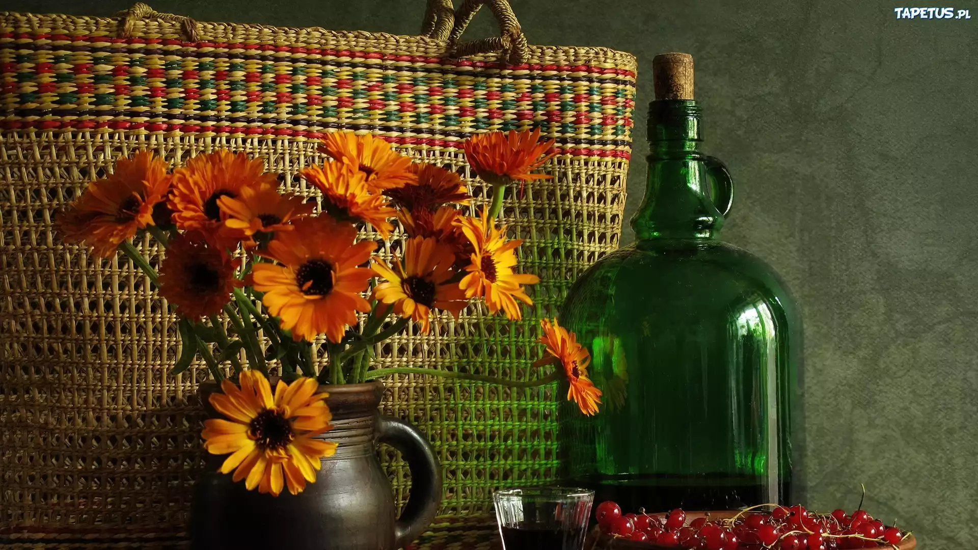 Kosz, Pomarańczowe, Margerytki, Butelka