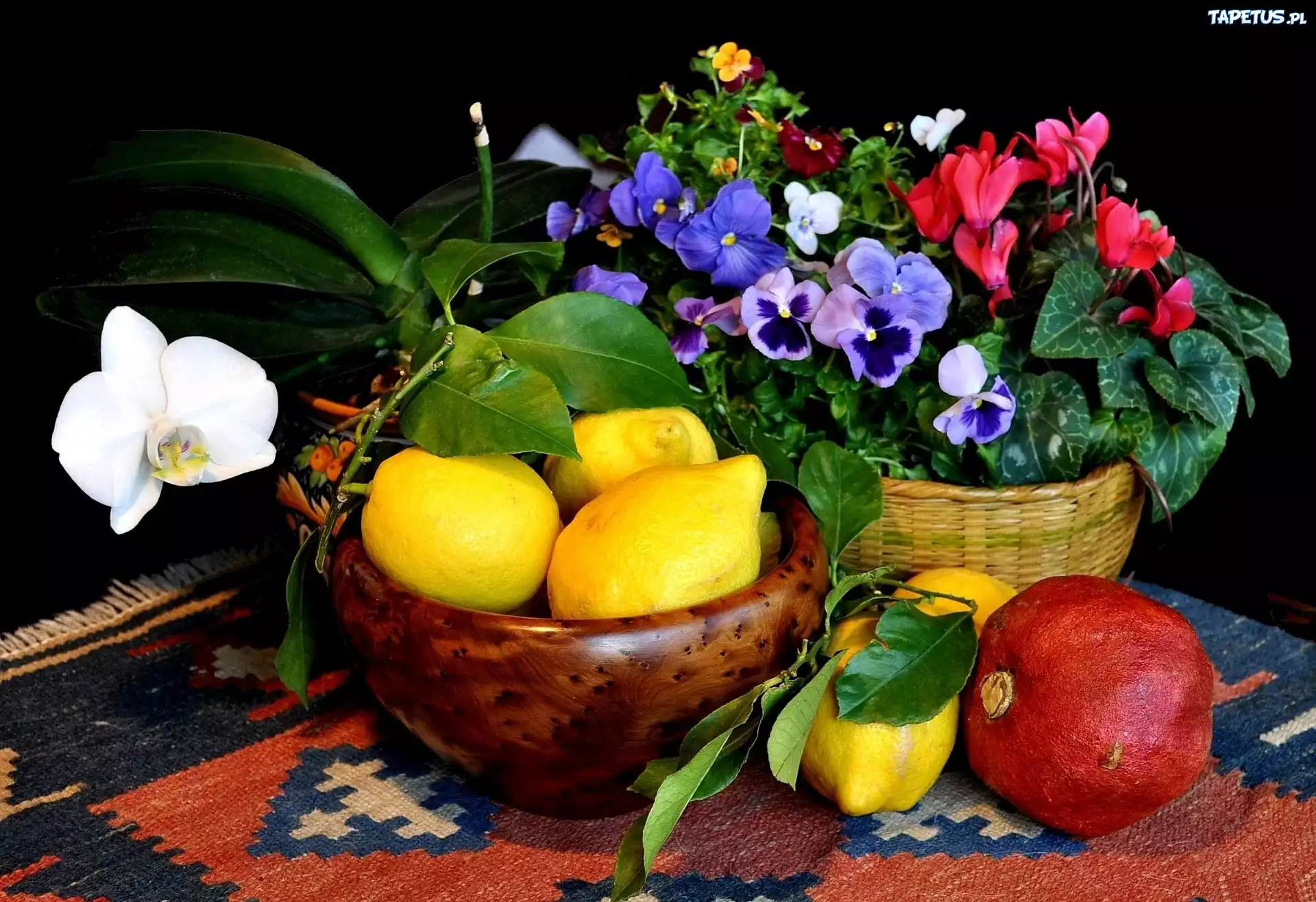 Doniczka, Kwiaty, Cytryny, Granat