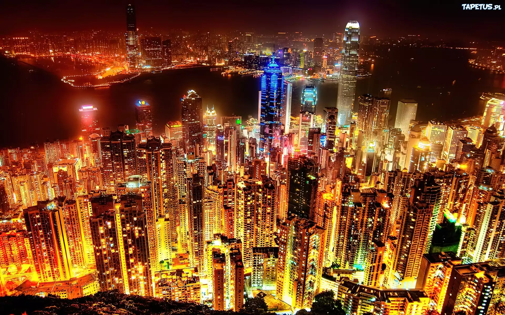 Hong Kong, Noc, Światła, Wieżowce