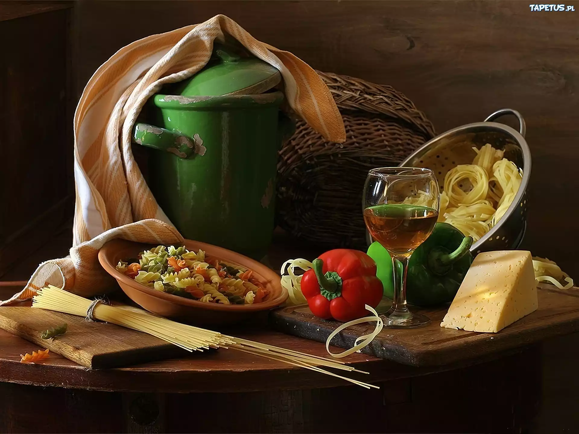 Makarony, Papryka, Żółty, Ser, Wino, Stary, Garnek