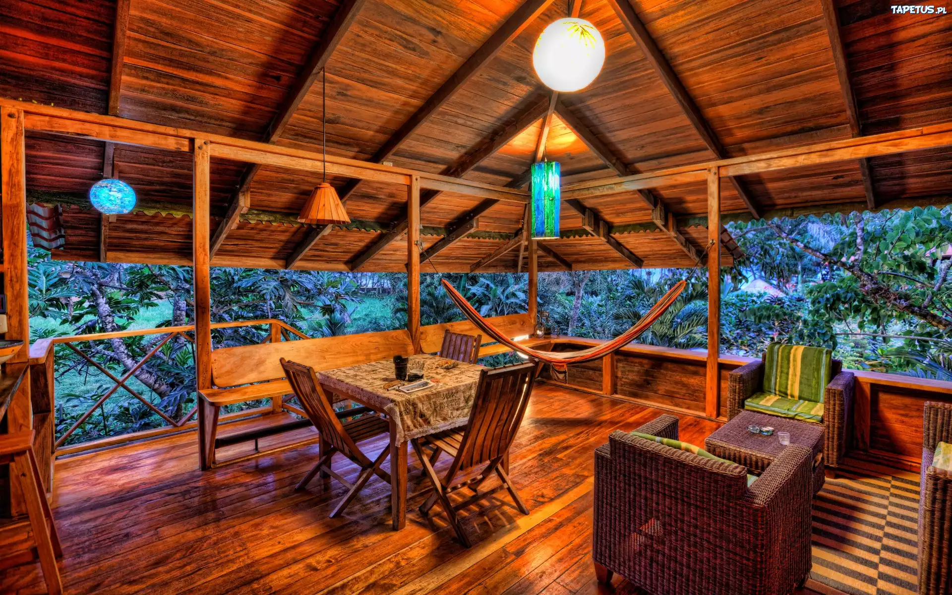 Patio, Stolik, Lampy, Fotel, Drewno