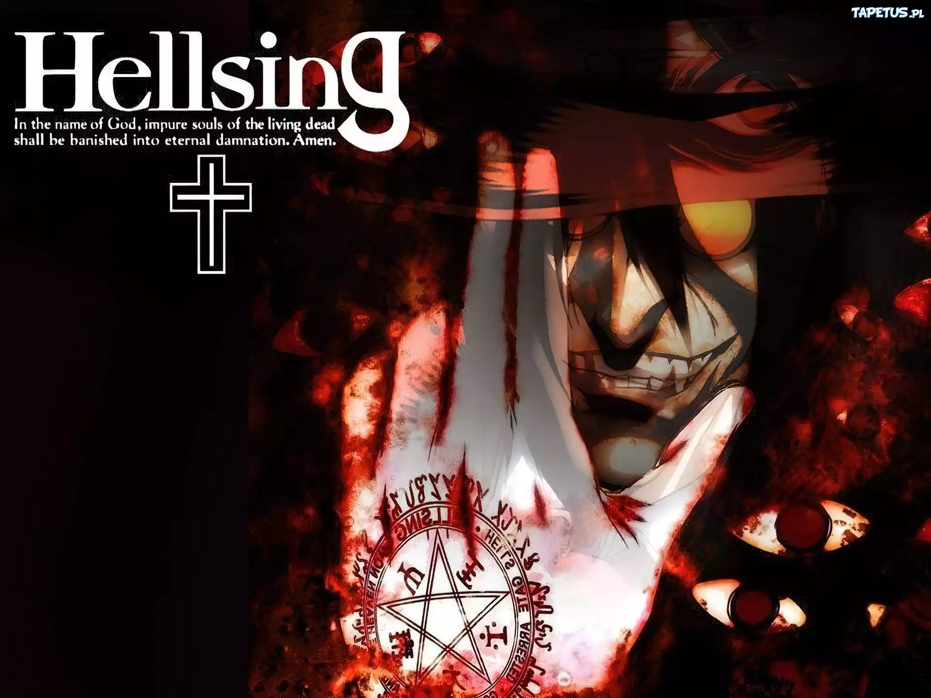 Hellsing, oczy, ręka, krzyż