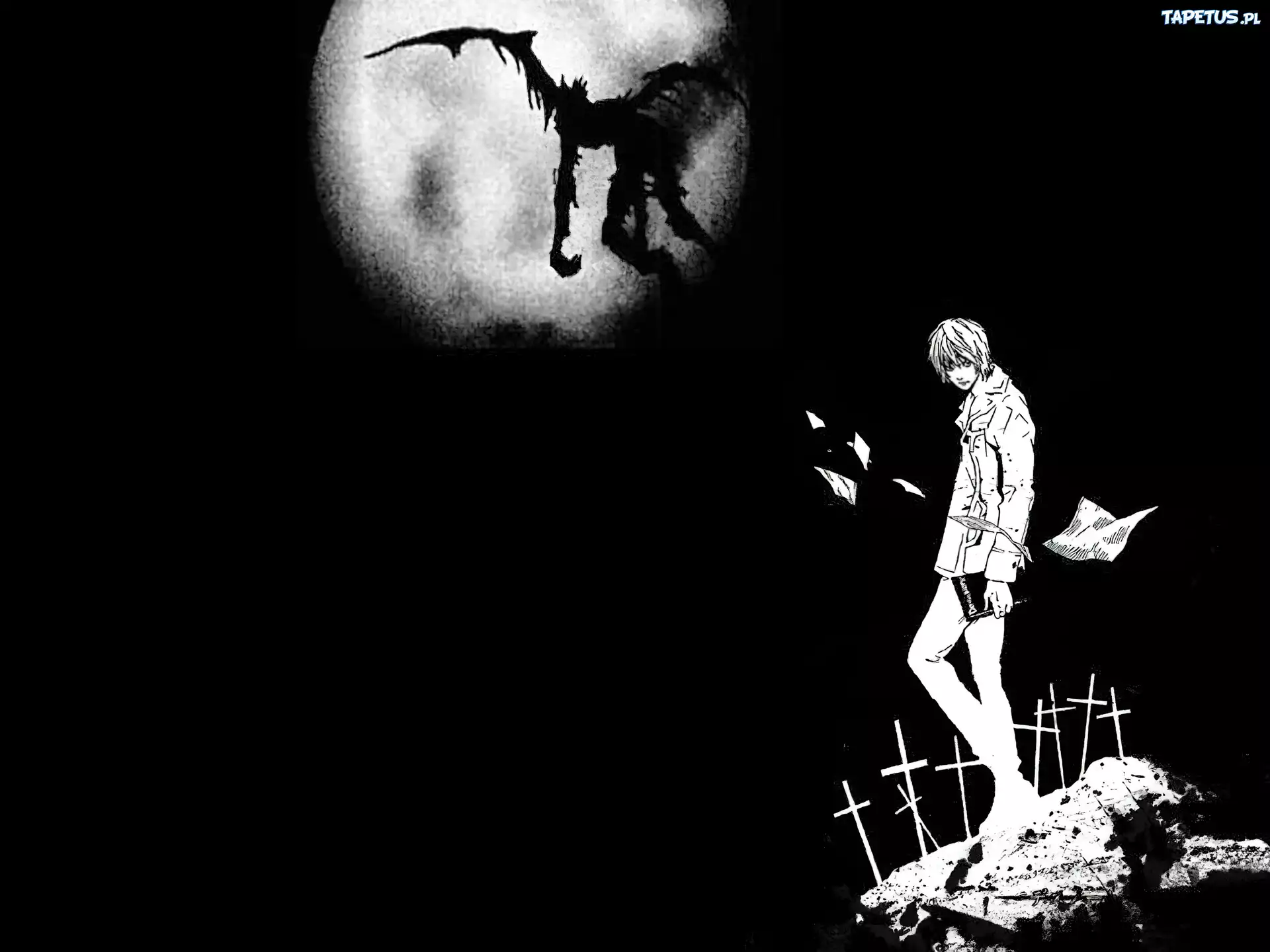 Death Note, ciemno, księżyc, kartki, potwór, krzyże