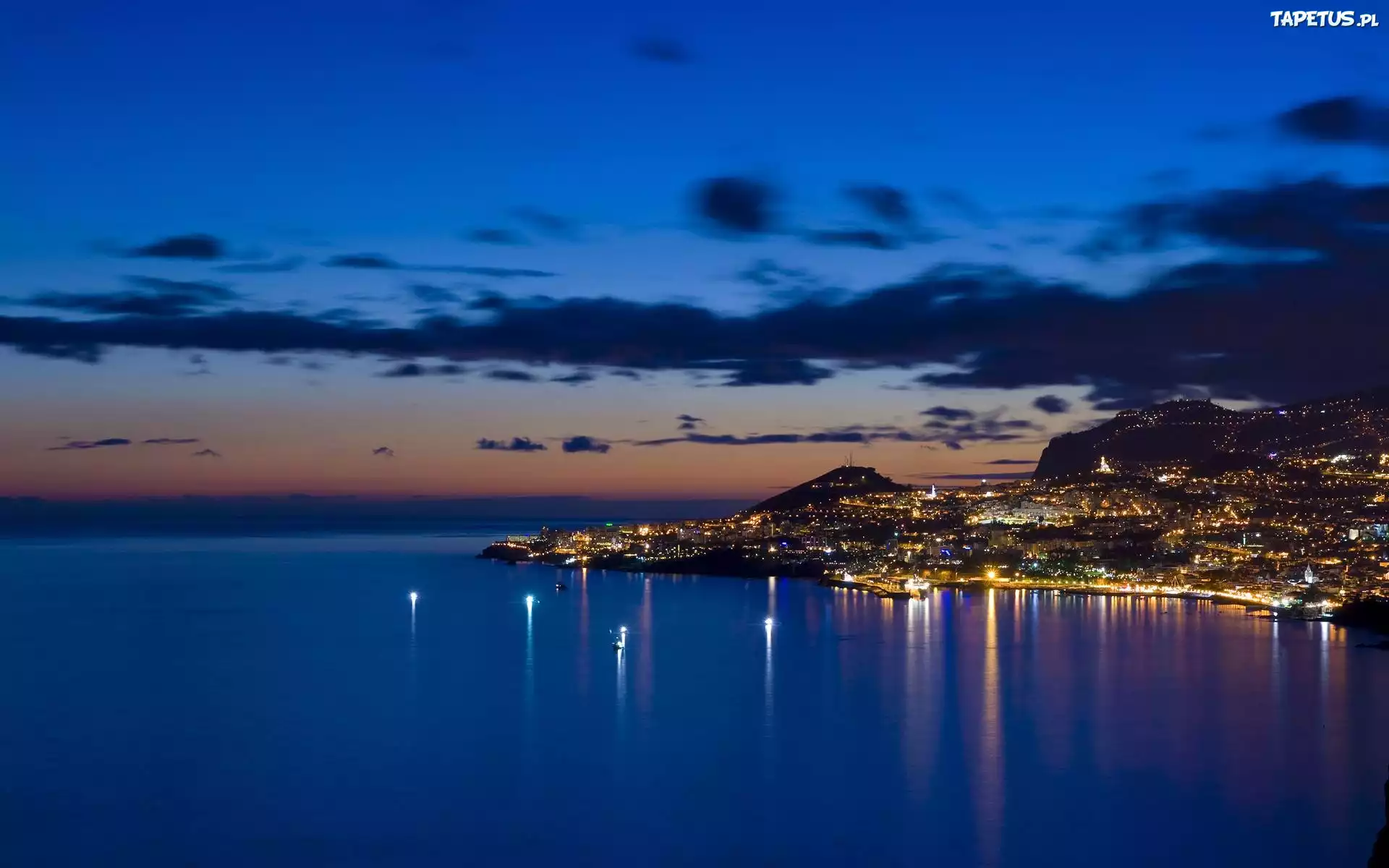 Funchal, Zatoka, Morze, Miasto, Noc
