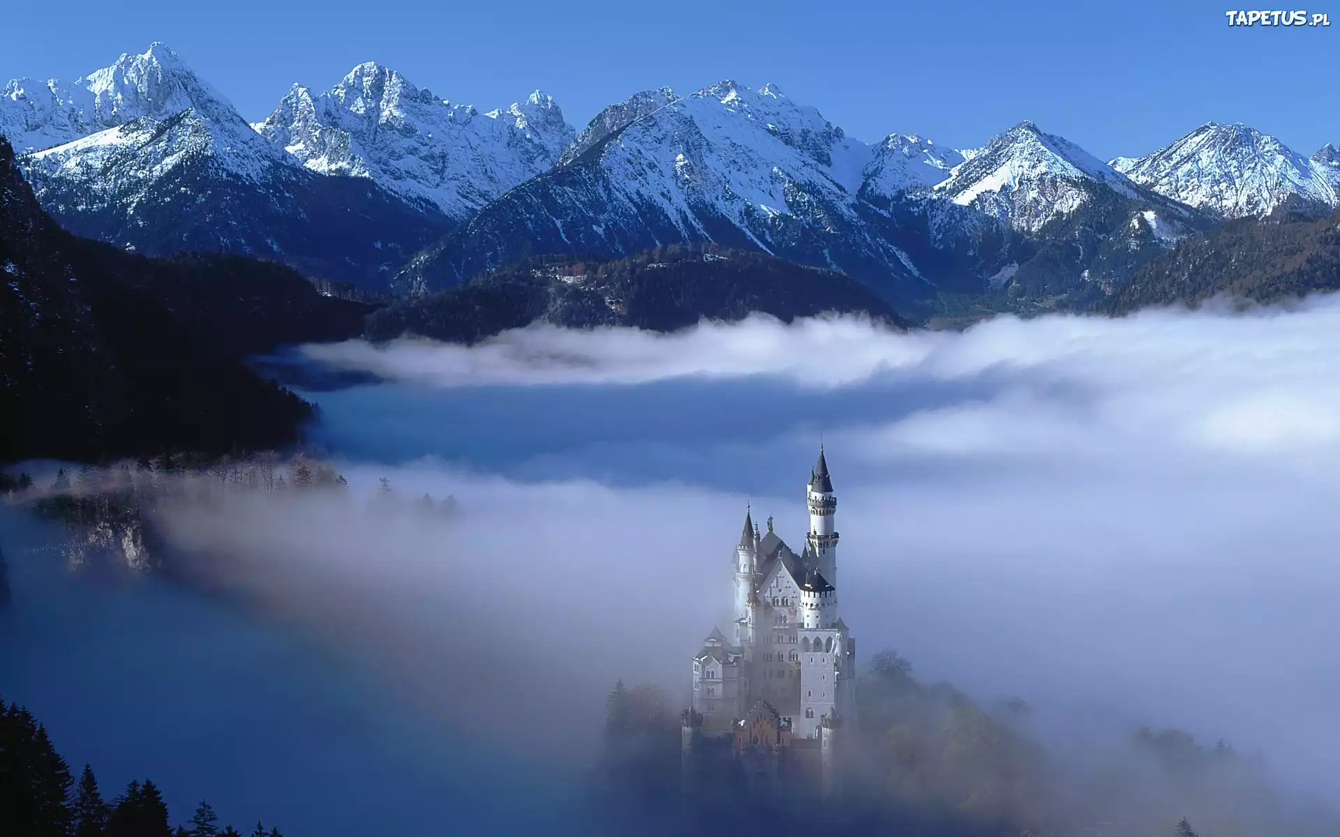 Góry, Zima, Zamek, Neuschwanstein, Mgła