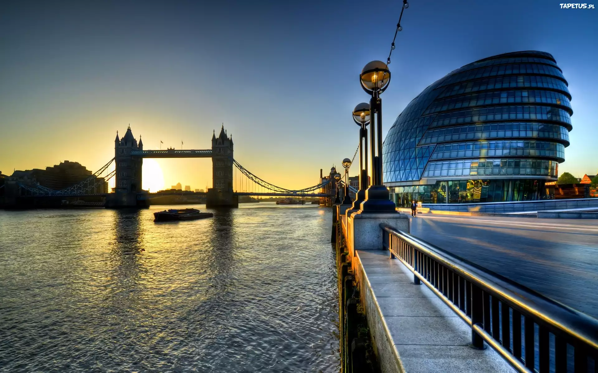 Tower Bridge, Tamiza, Londyn, Zachód, Słońca