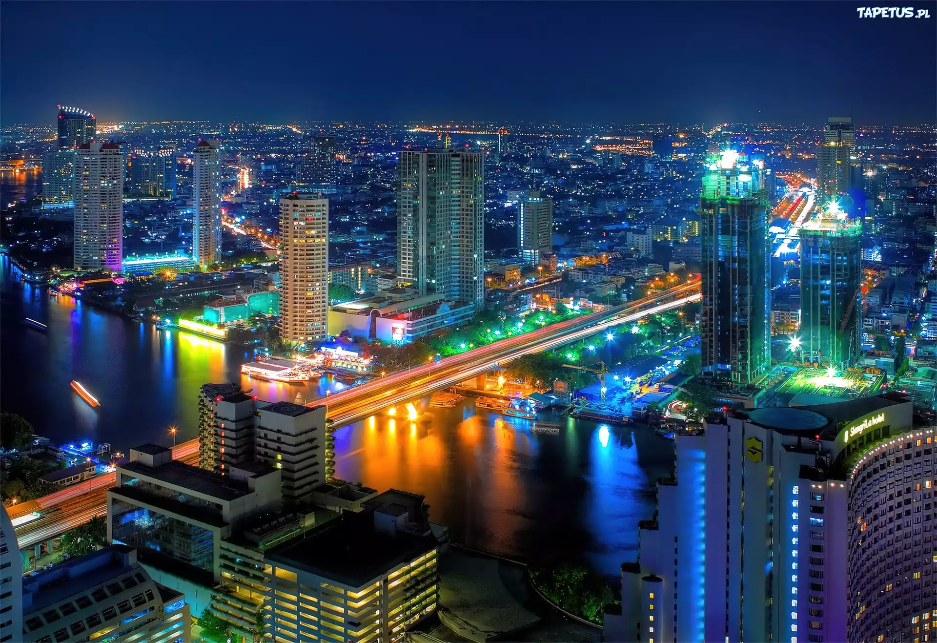Bangkok, Miasto, Nocą, Rzeka, Most