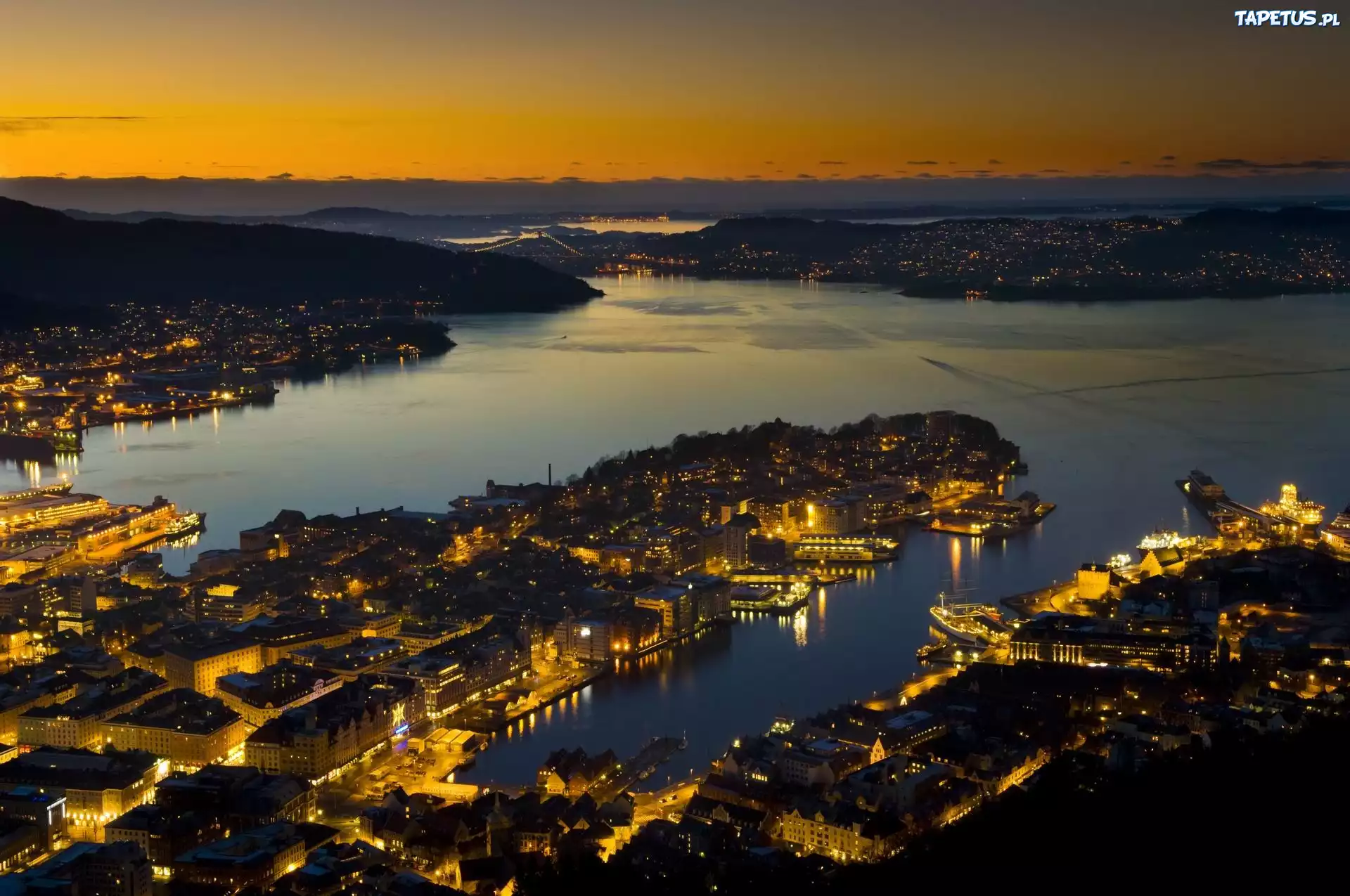 Bergen, Noc, Panorama, Miasto, Zatoka