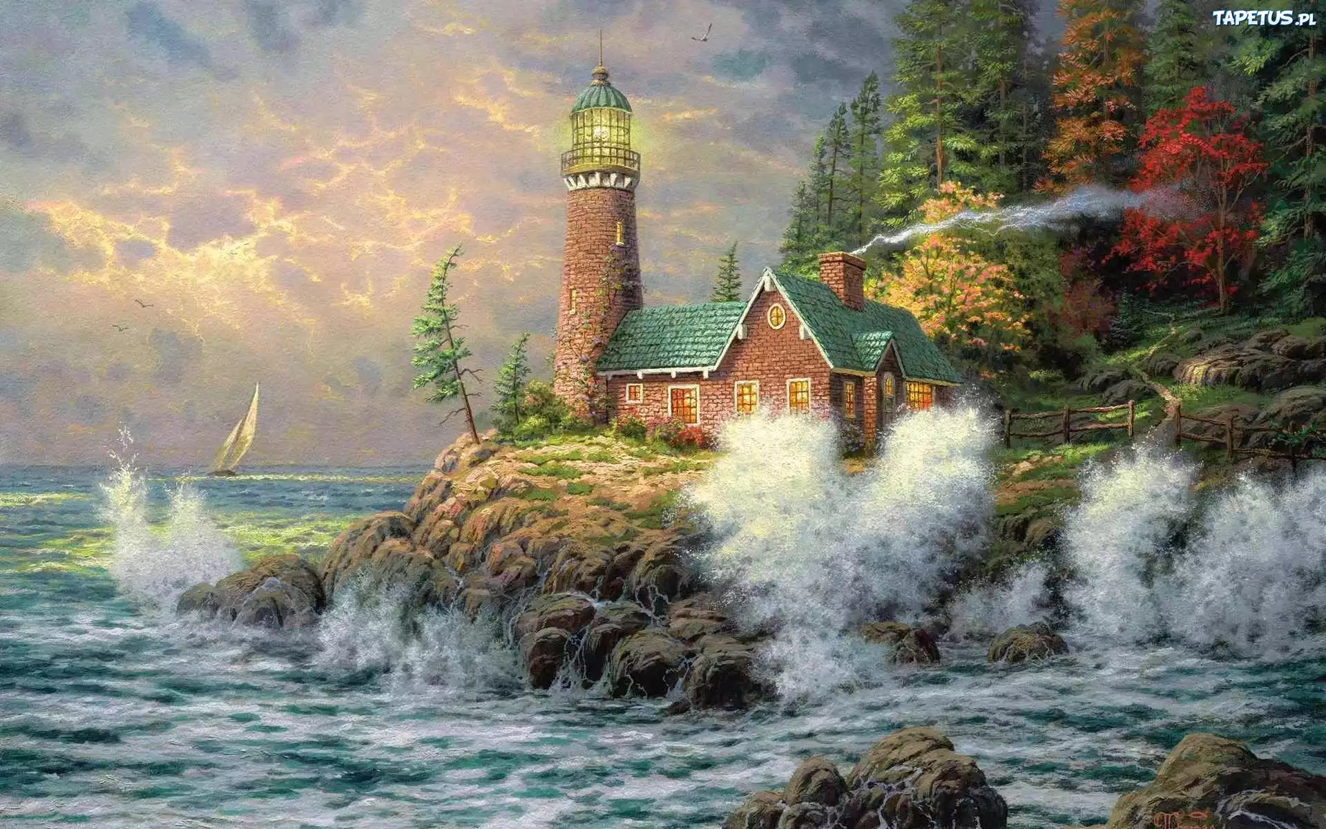 Morze, Latarnia, Morska, Skały, Domek, Thomas Kinkade