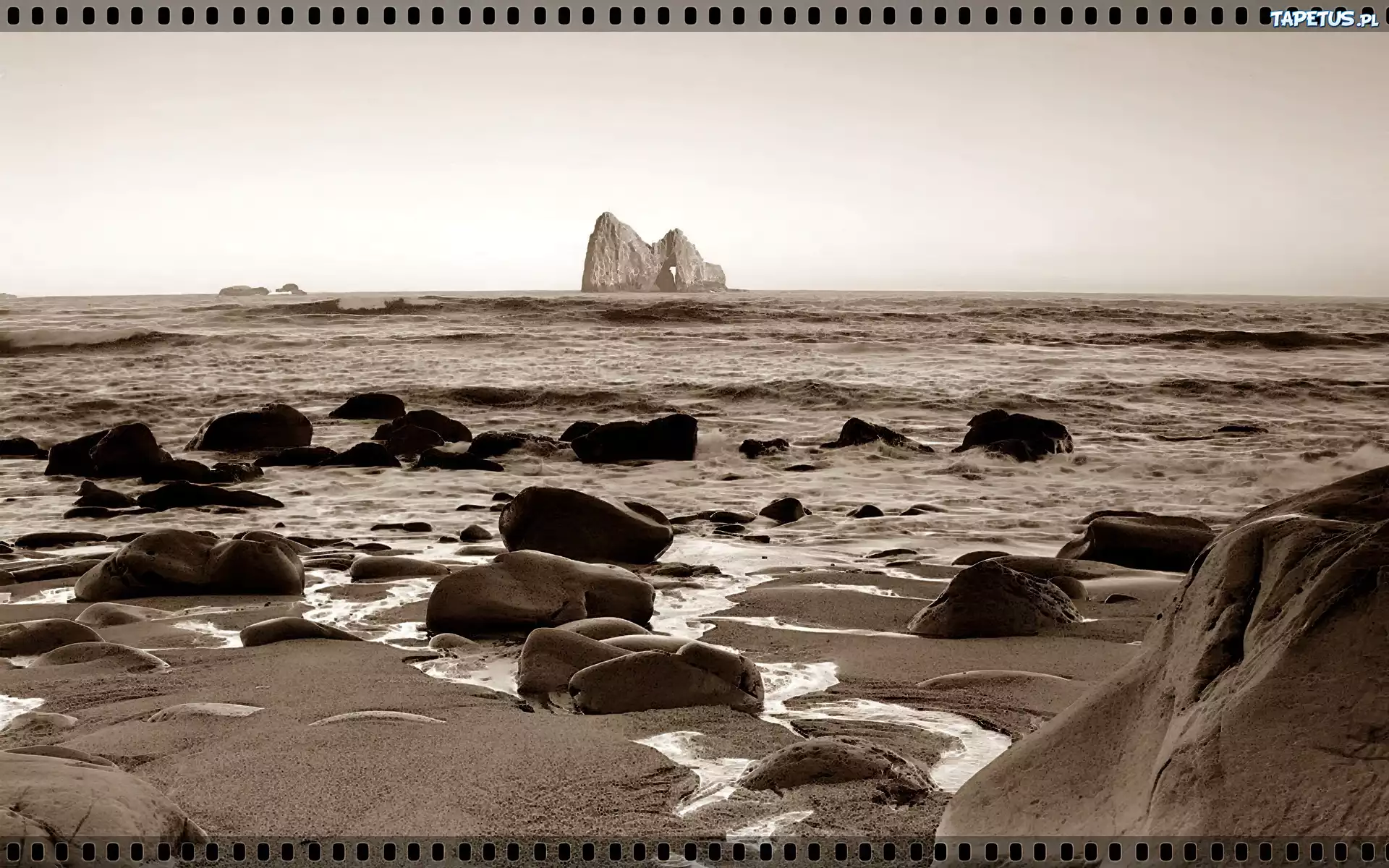 Morze, Fale, Skały, Sepia