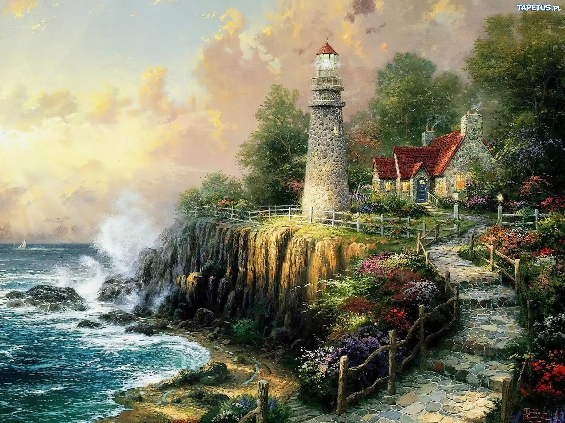 Wybrzeże, Morze, Latarnia morska, Ścieżka, Thomas Kinkade