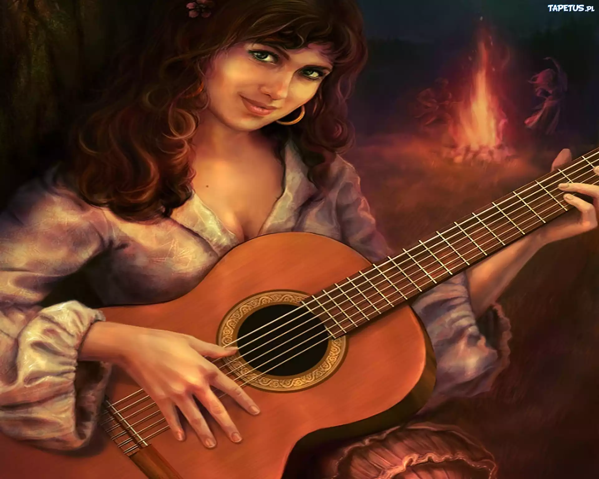 Dziewczyna, Gitara, Ognisko