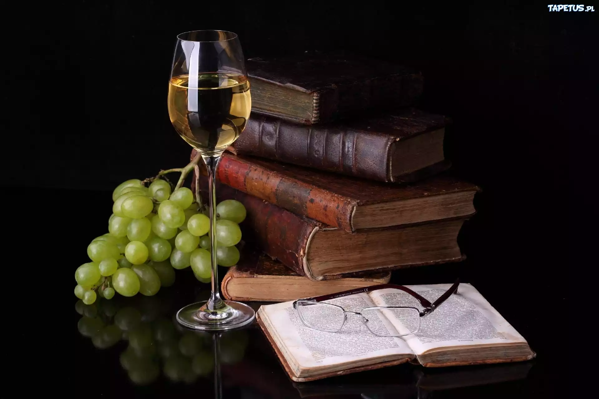 Winogrona, Książki, Lampka, Wina, Okulary