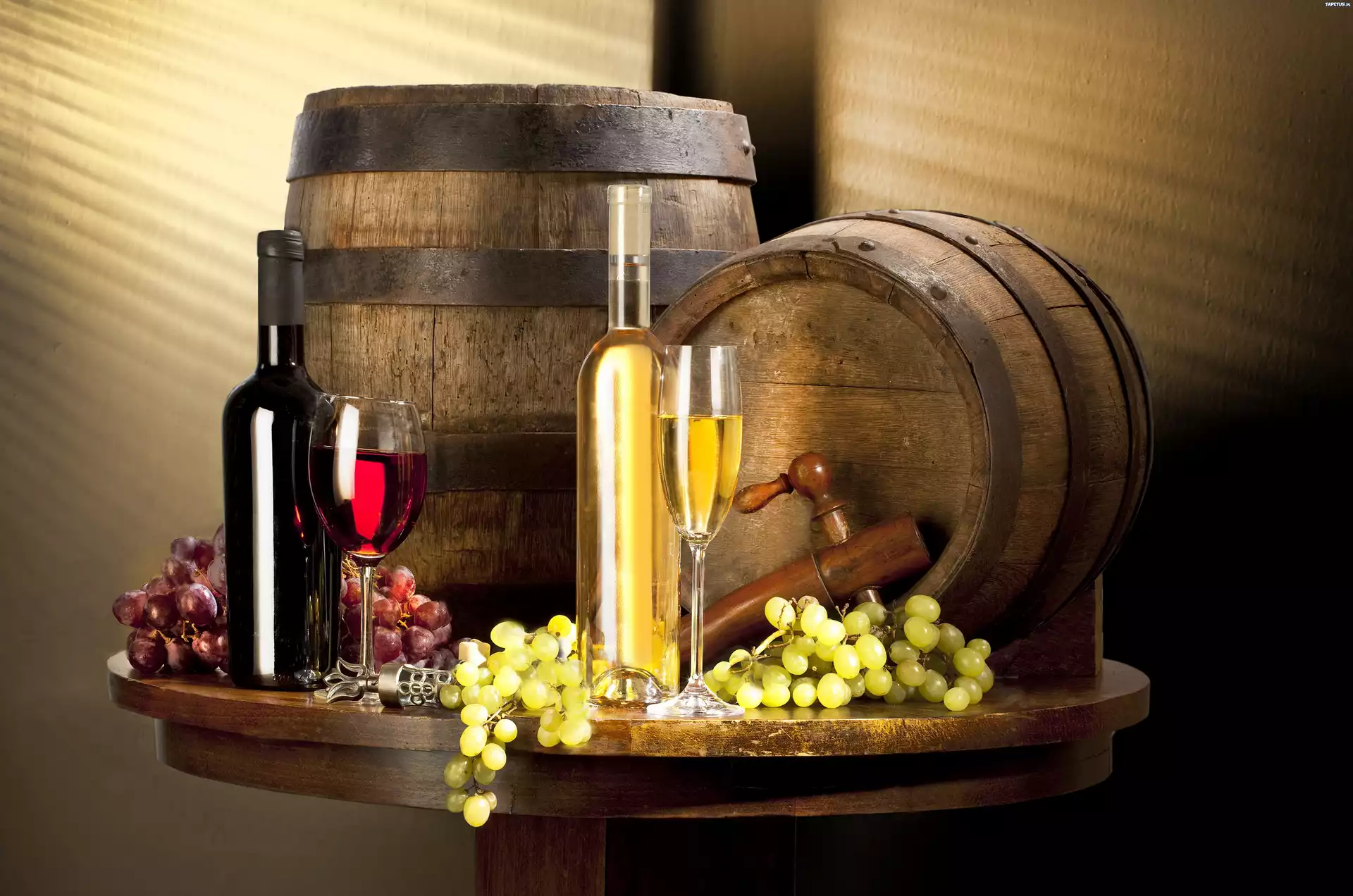 Baryłki, Butelki, Wino, Winogrona
