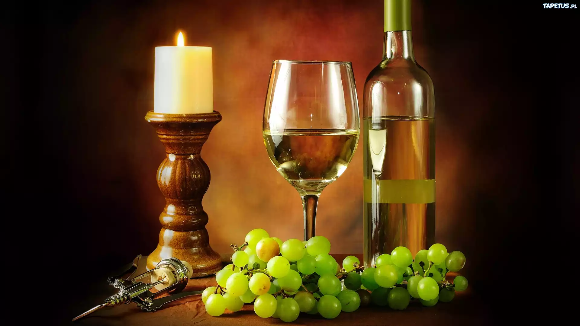 Świeca, Winogrona, Wino, Kieliszek, Butelka