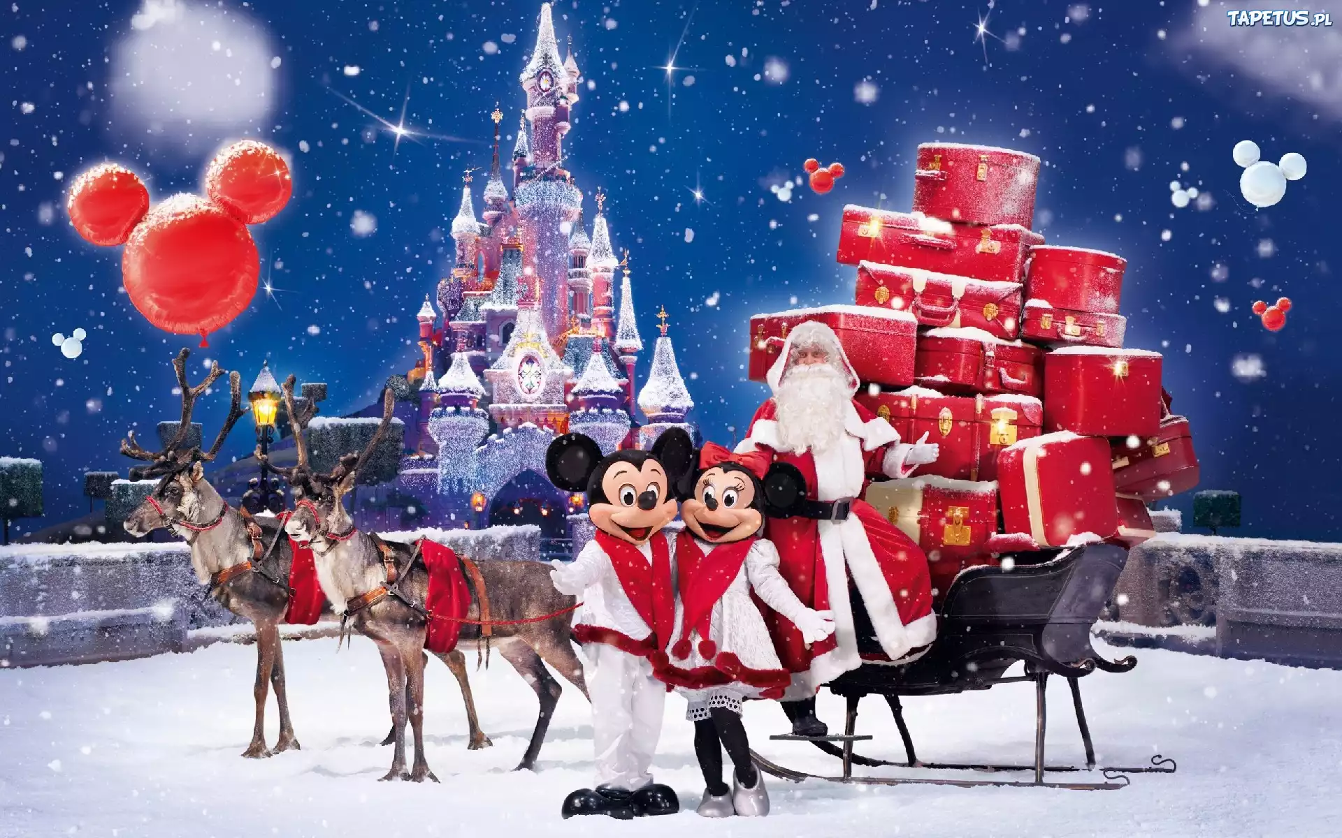 Disneyland, Mikołaj, Śnieg, Myszka, Miki, Sanie, Renifery