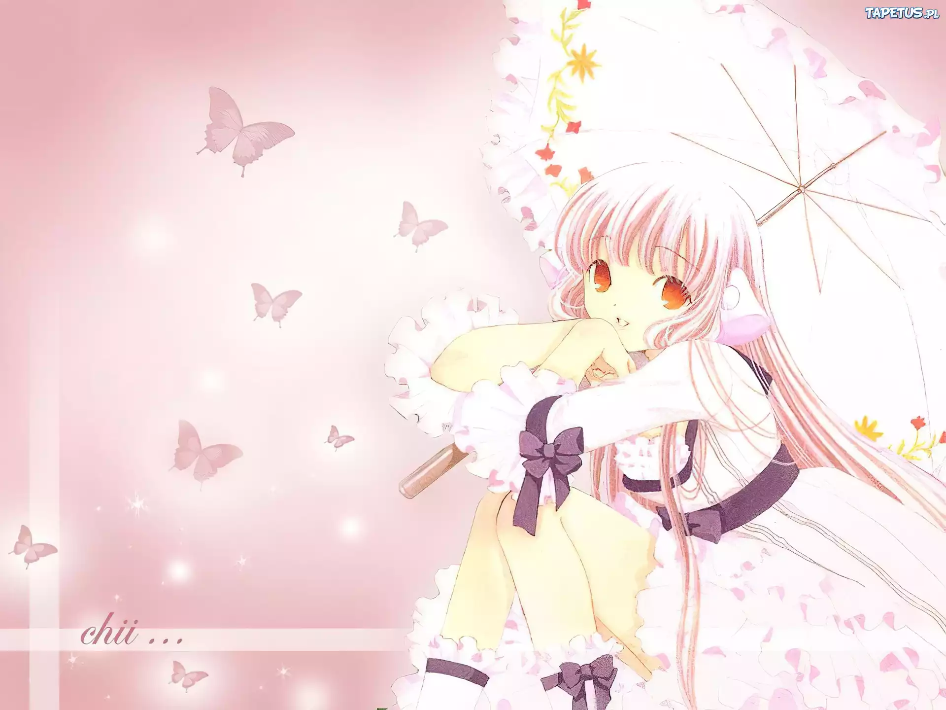 Chobits, motyl, parasol, dziewczyna, kokarda, kwiaty