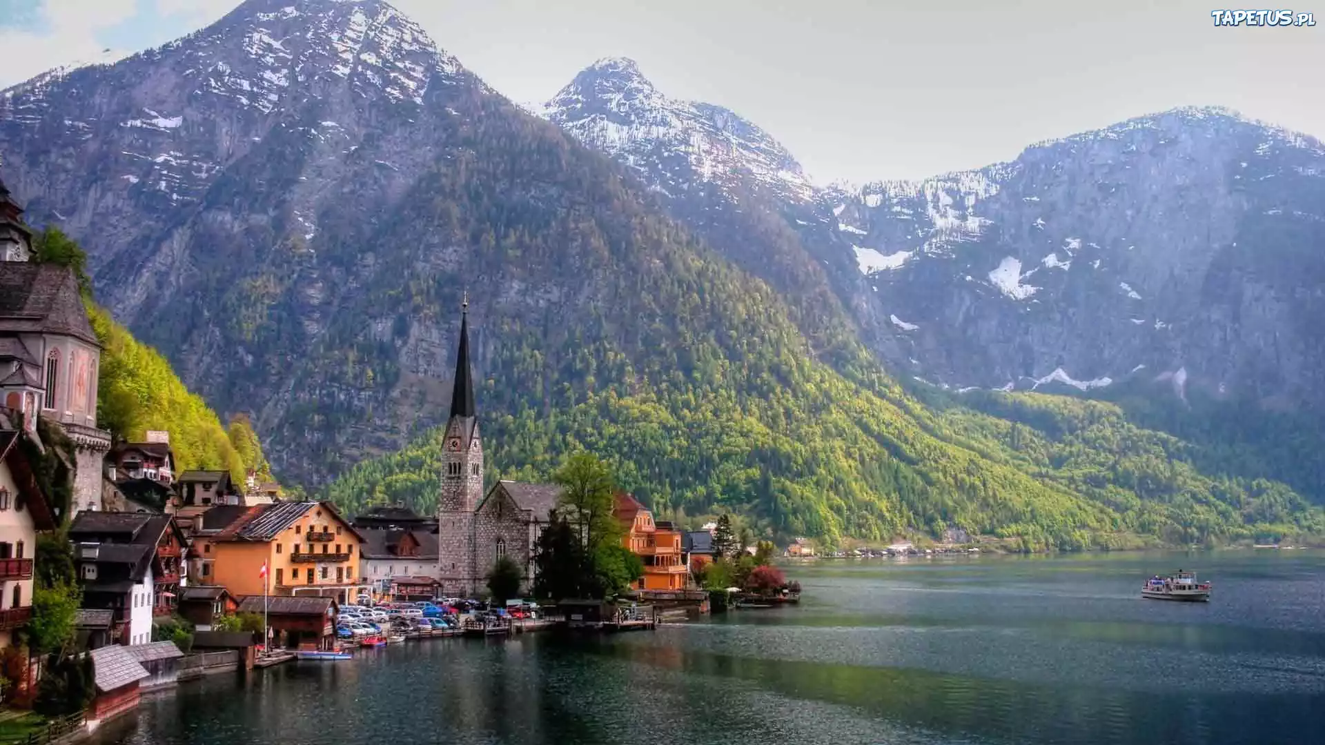 Austria, Góry, Kościół, Domy, Jezioro