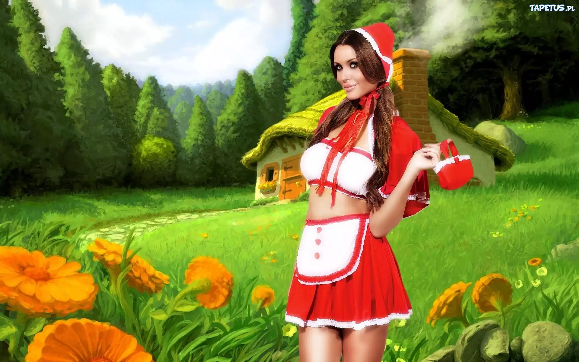 Czerwony, Kapturek, Chatka, Las, Kwiaty
