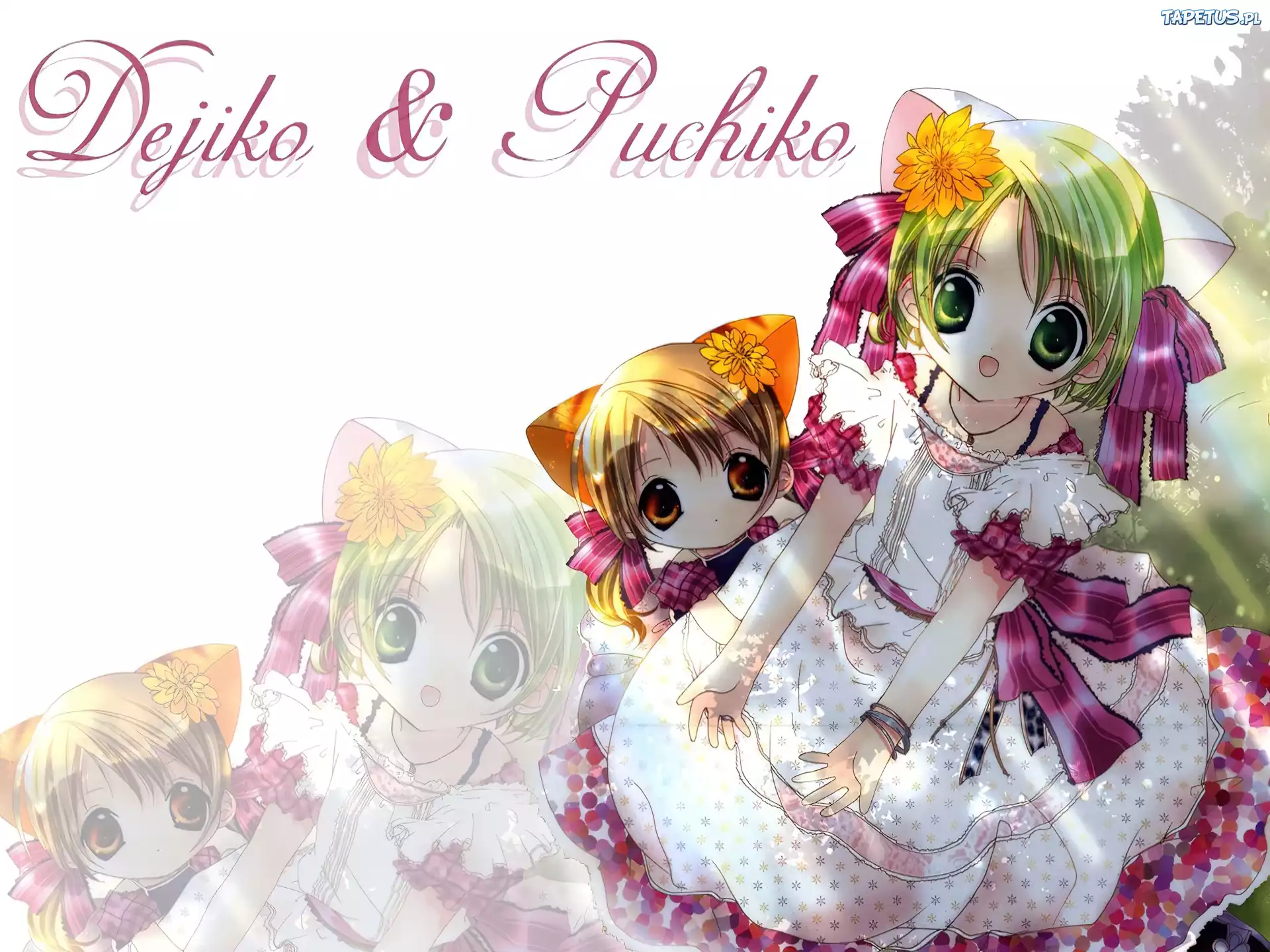 Digi Charat, napis, kwiaty, suknia, dziewczynki