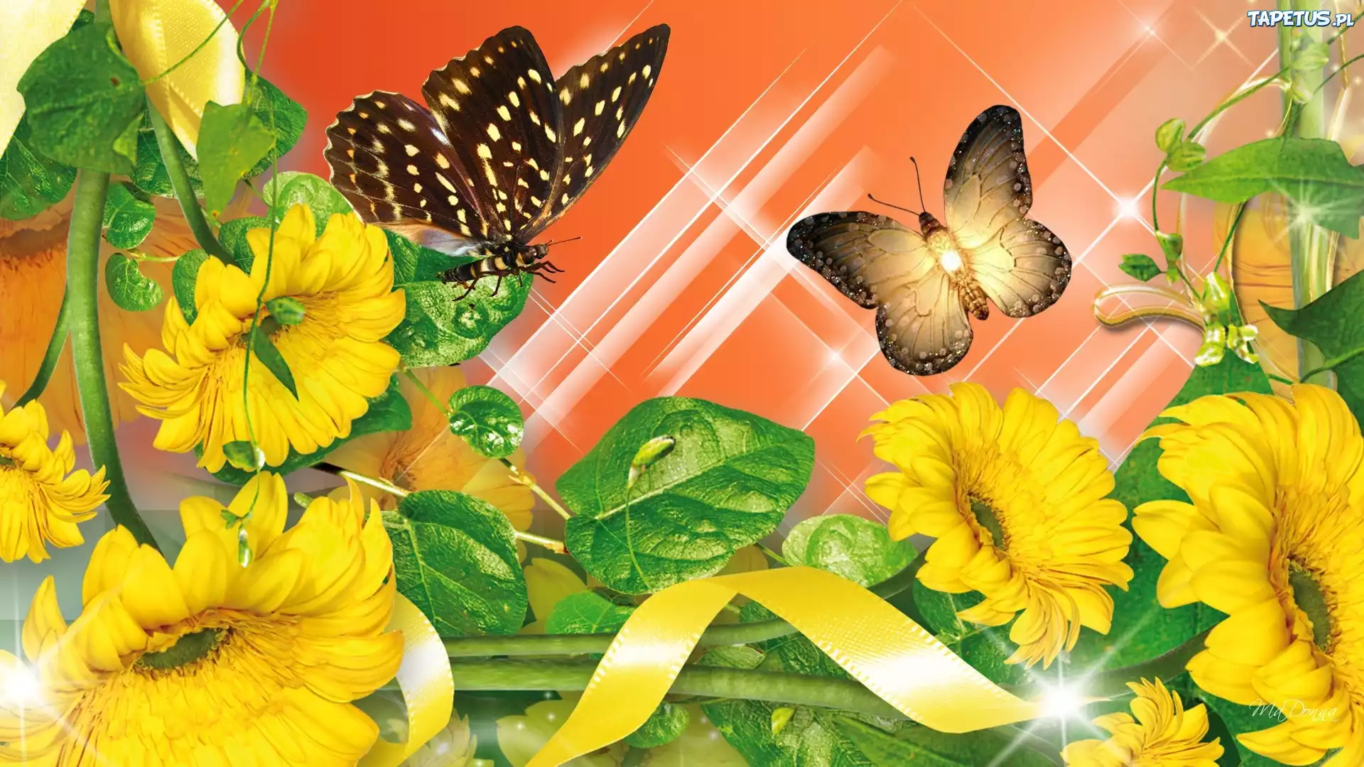 Żółte, Kwiaty, Motyle, Grafika, Komputerowa
