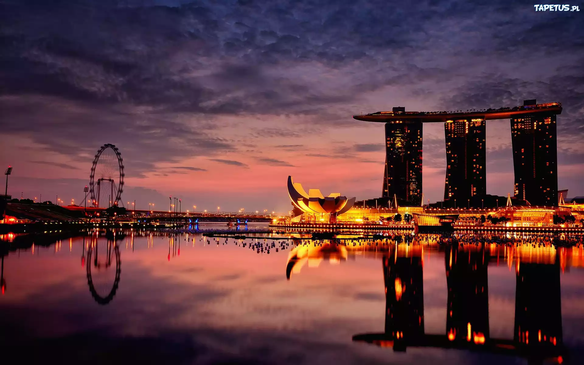 Hotel, Noc, Morze, Światła, Singapur