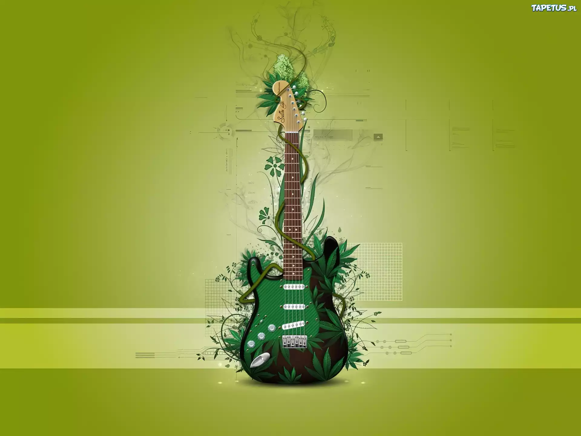 Gitara, Zielone, Liście, Rośliny, Grafika