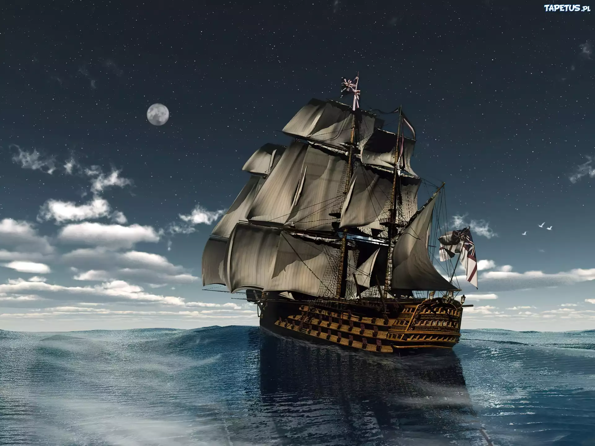 Żaglowiec, HMS Victory, Morze, Noc, Księżyc