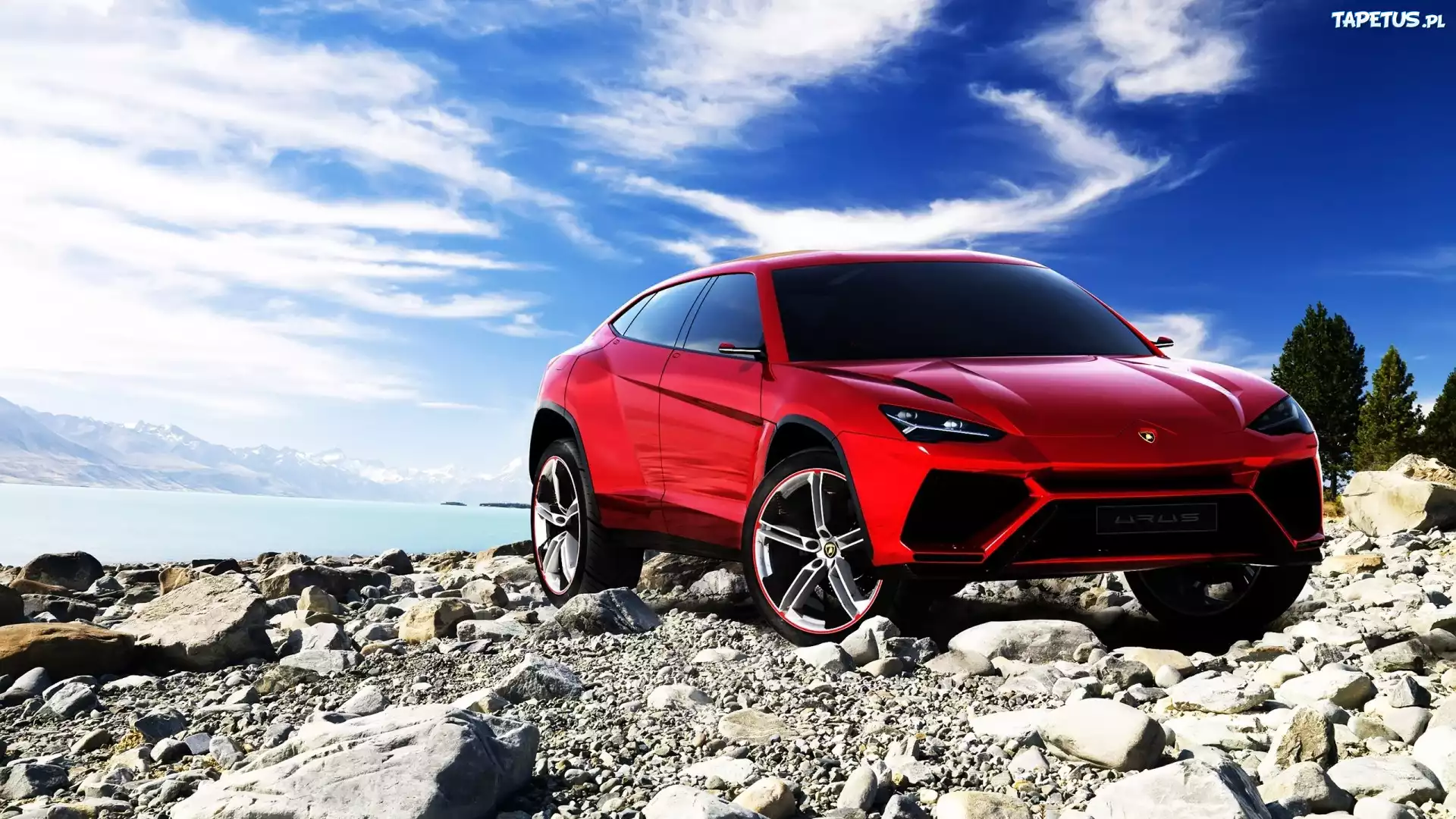 Rzeka, Kamienie, Niebo, Czerwony, Lamborghini Urus