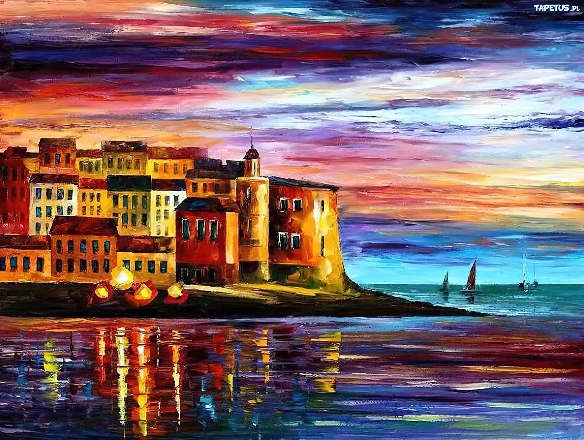 Domy, Morze, Leonid Afremov, Malarstwo