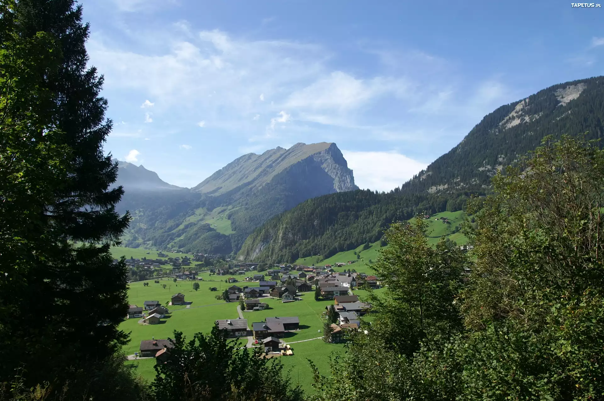 Kanisfluh, Austria, Góry, Dolina, Domy, Drzewa