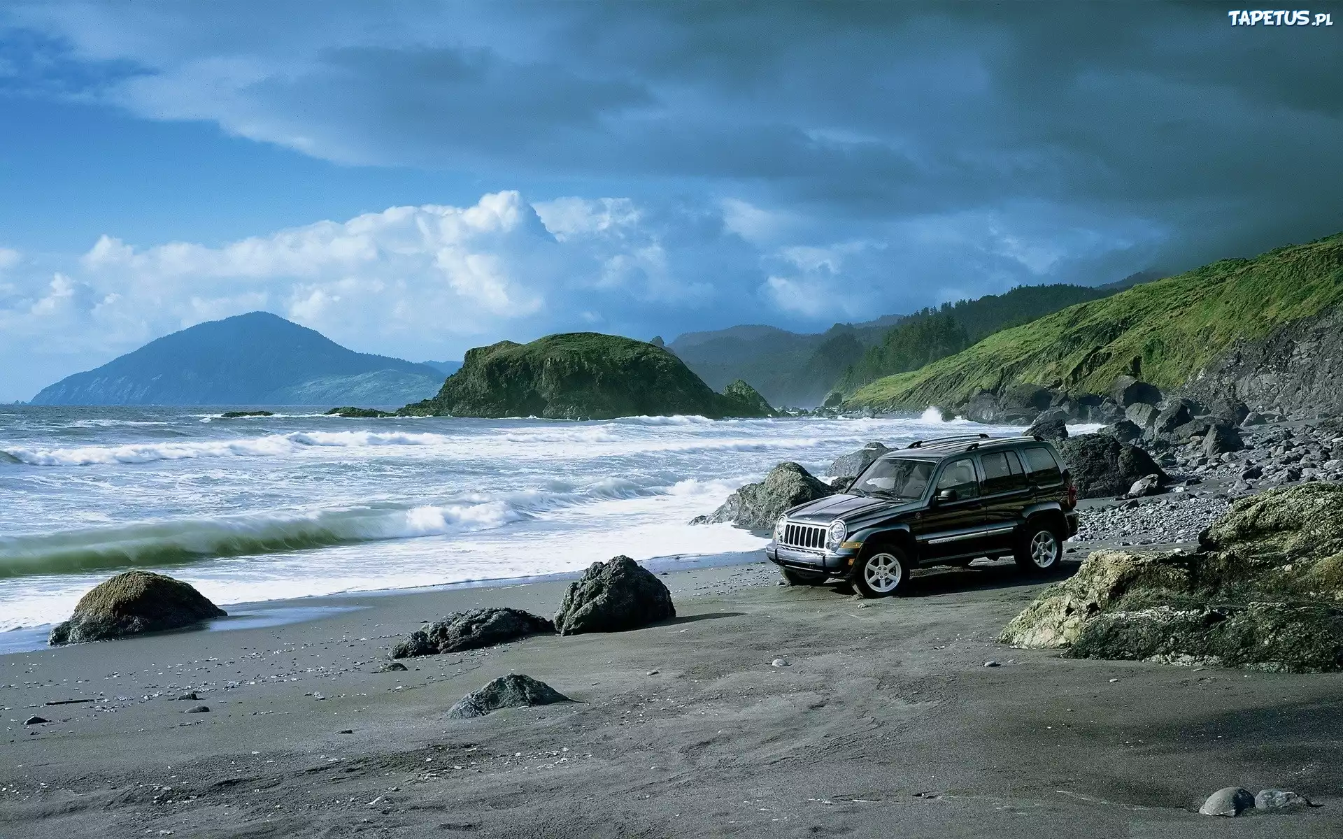Plaża, Morze, Fale, Góry, Jeep Cherokee
