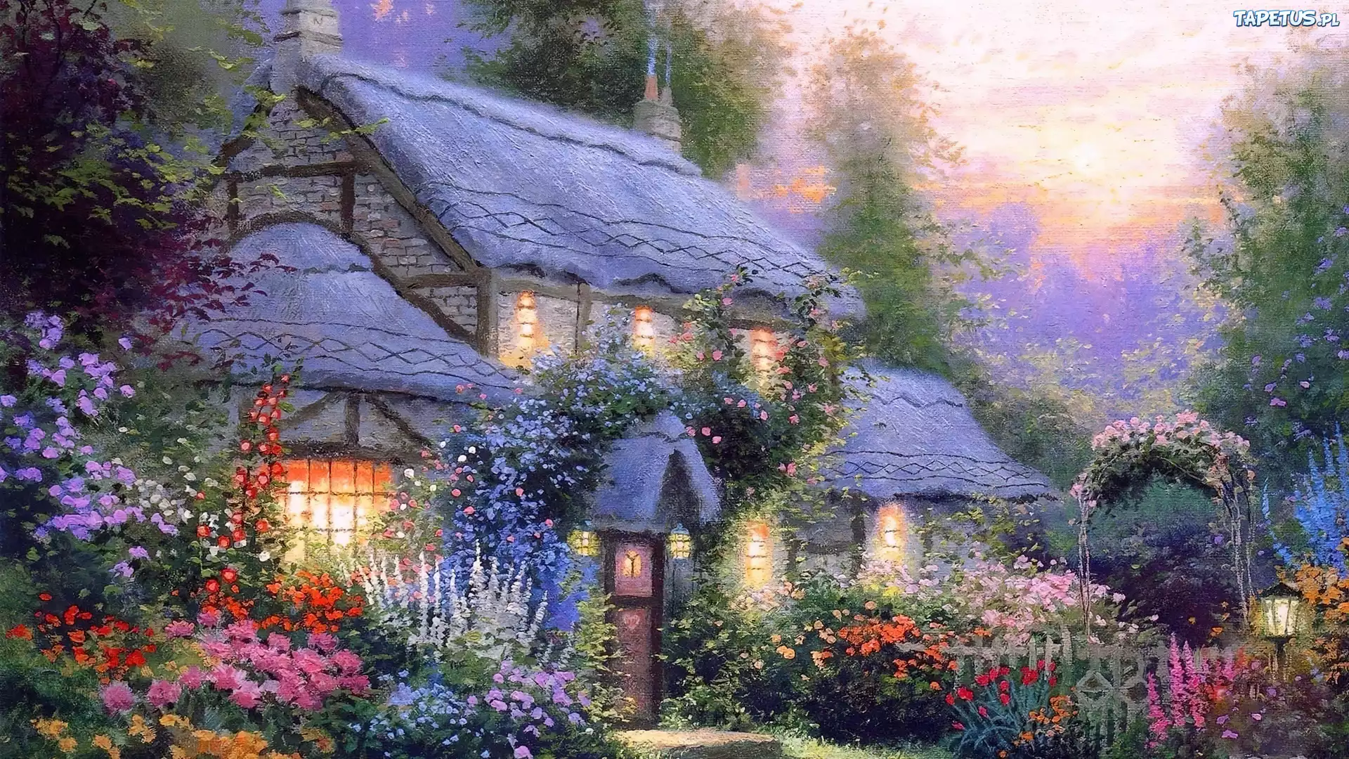 Dom, Ogród, Kwiaty, Drzewa, Obraz, Thomas Kinkade